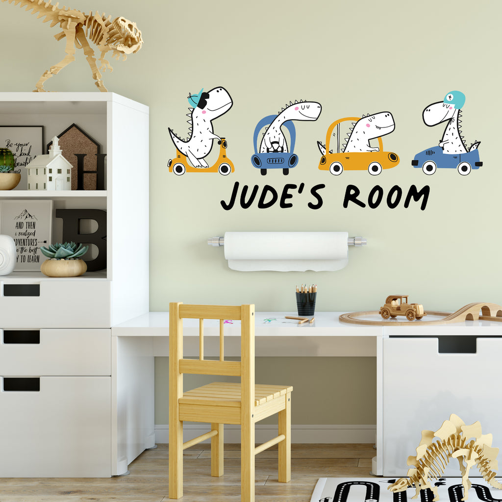 Personalised Set Of Four Dinosaur Cars Wall Sticker