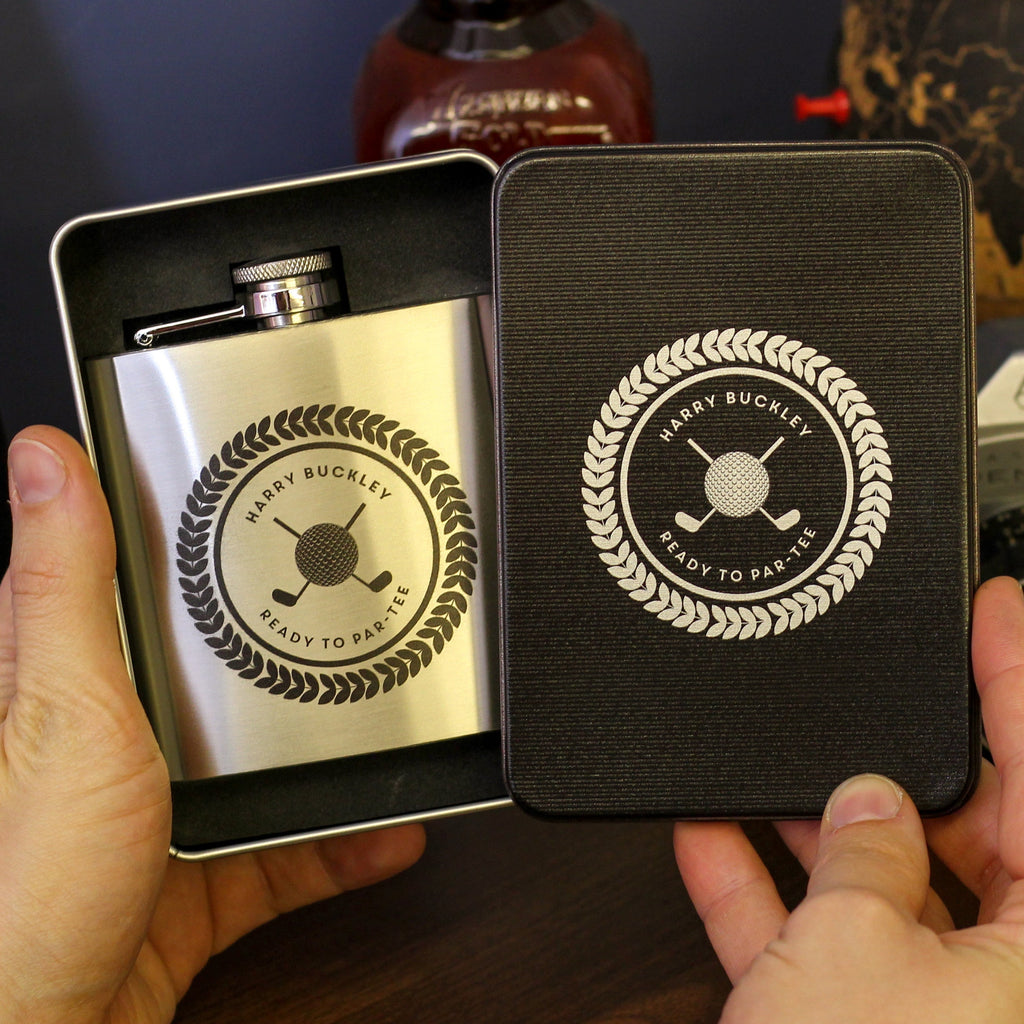 Personalised Golf Hip Flask Tin With Matching Tin