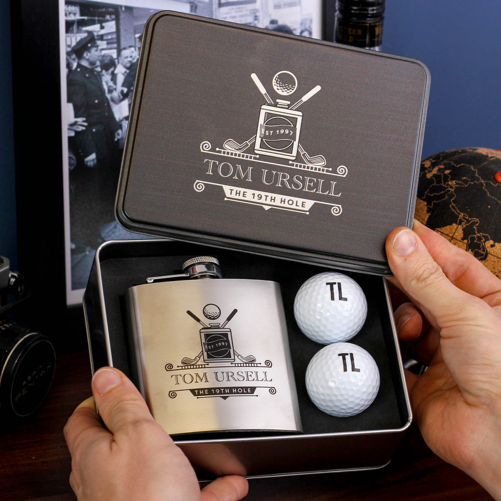 Personalised Golf Balls And Tin 19th Hole Hip Flask