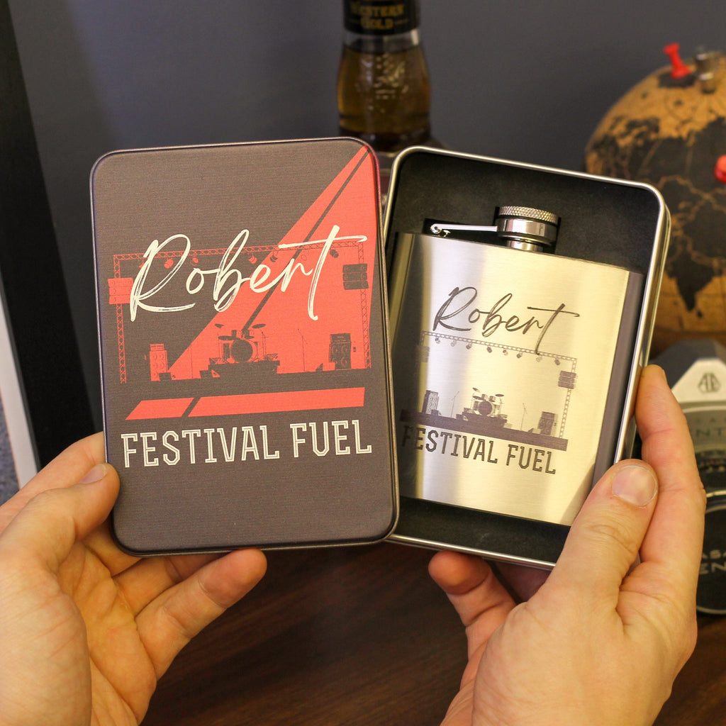 Personalised Festival Hip Flask Tin Gift Set