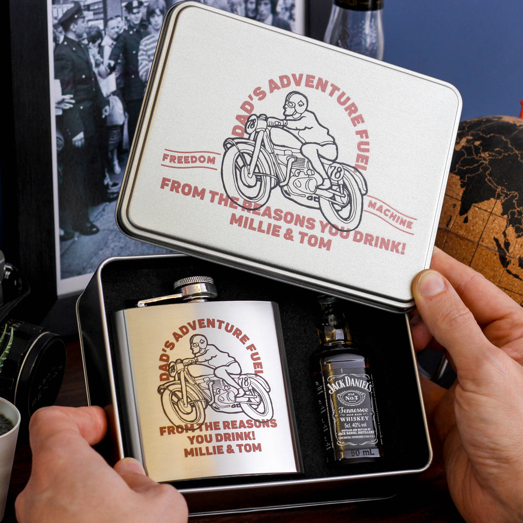 Personalised Motorbike Whiskey And Hip Flask Gift Set