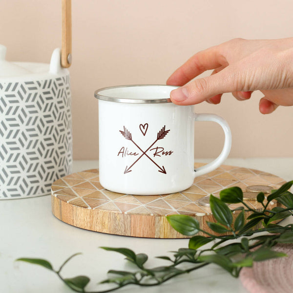 Personalised Couples Heart And Arrows Enamel Mug