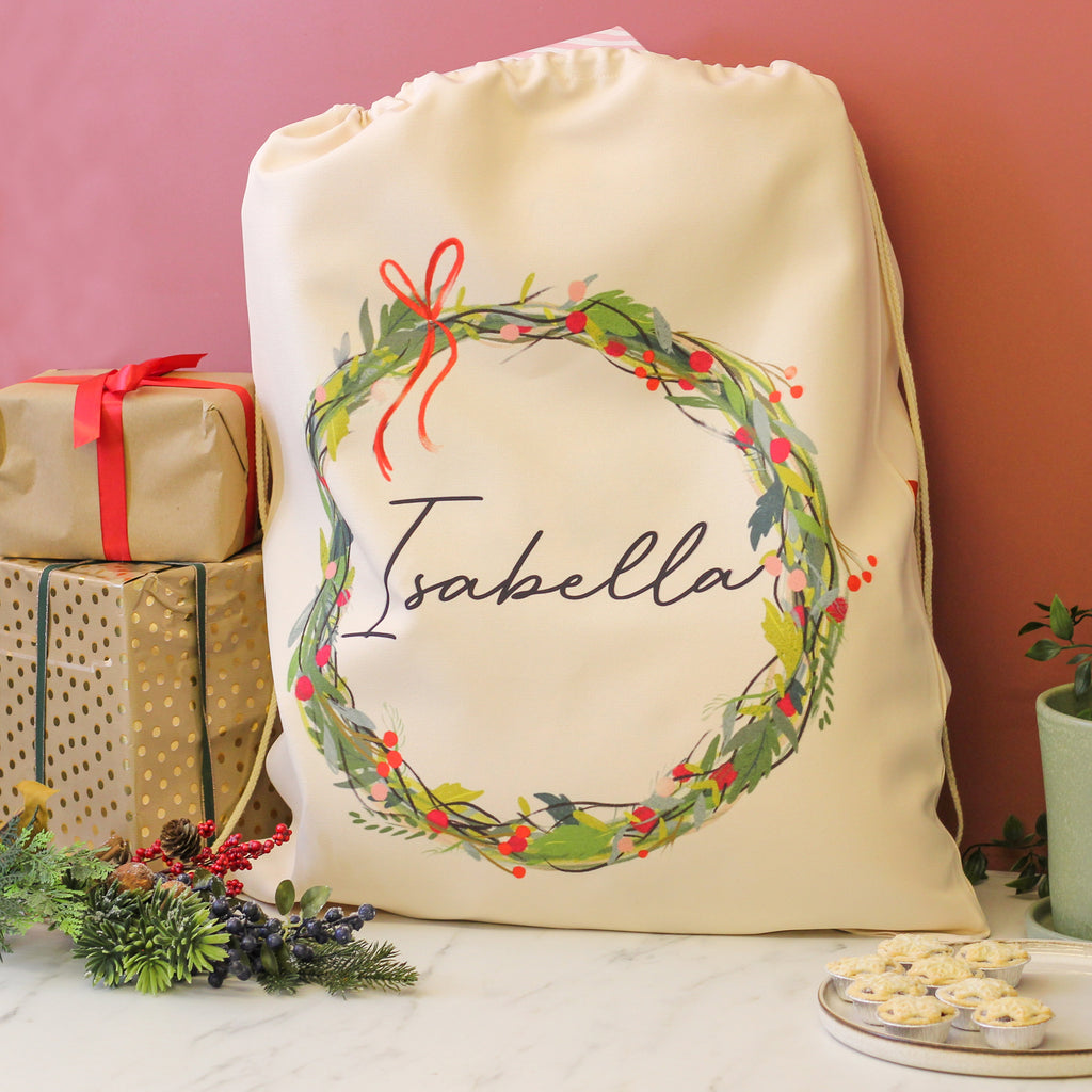 Personalised Wreath Santa Sack Christmas Gift For Kids