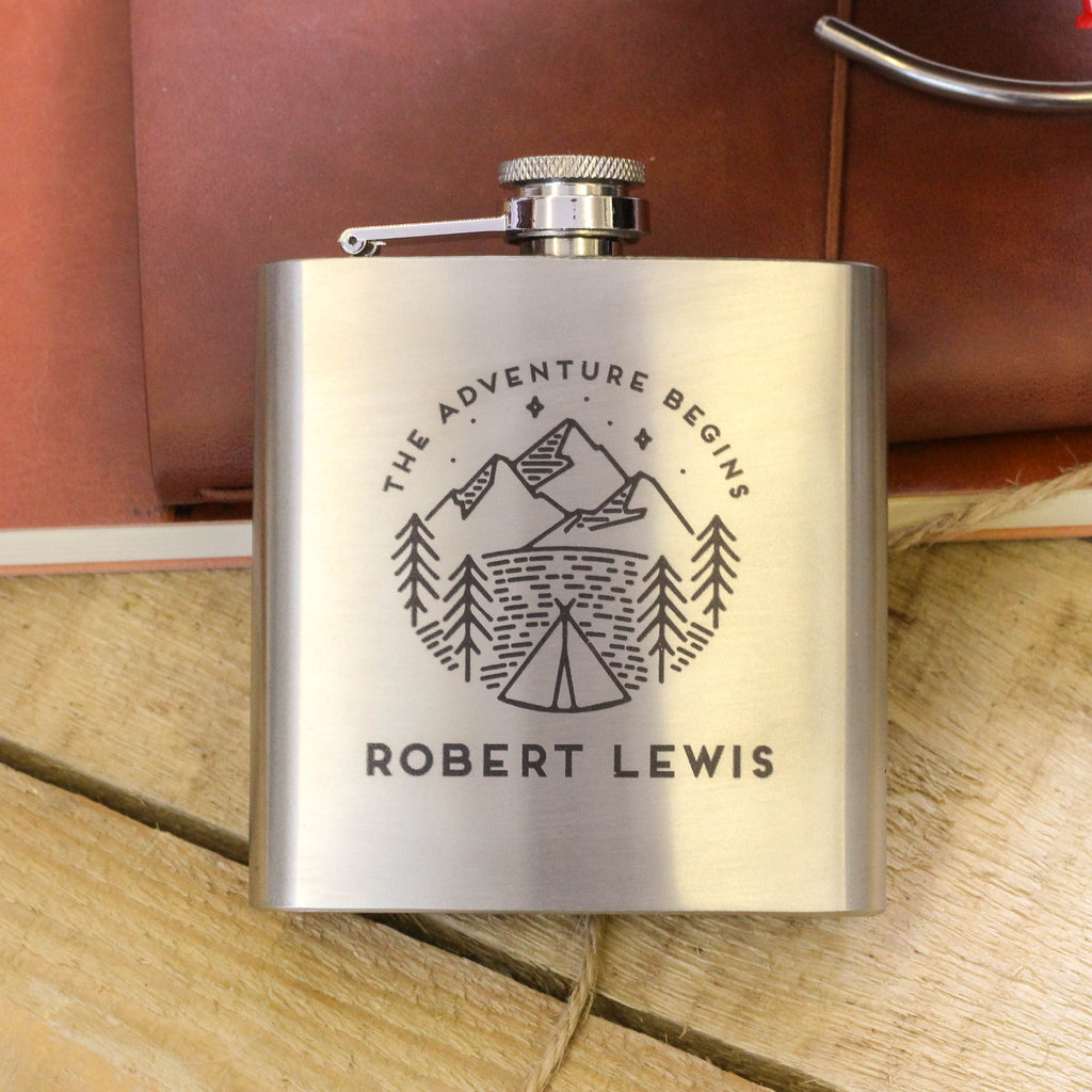 Personalised Mountain Adventure Camping Hip Flask Gift