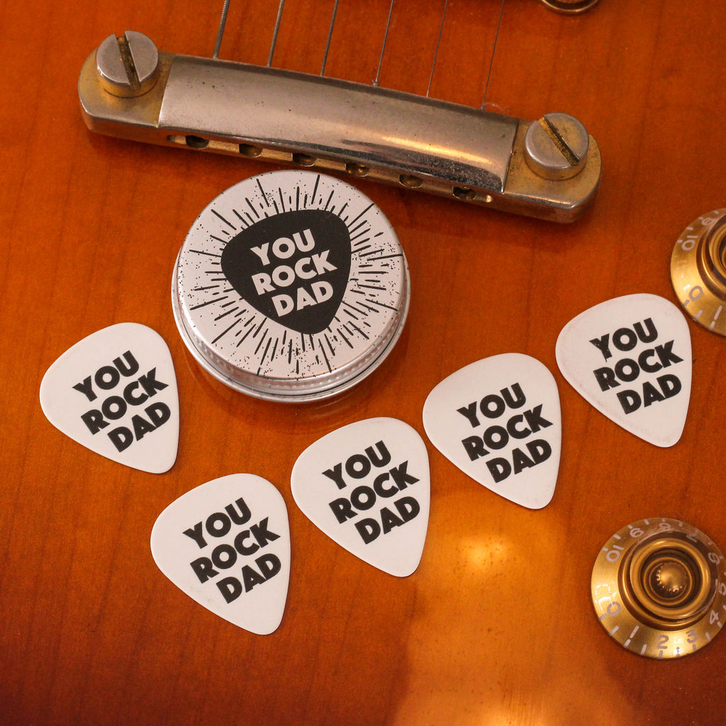Personalised Rock On Guitar Picks And Tin Gift For Dad