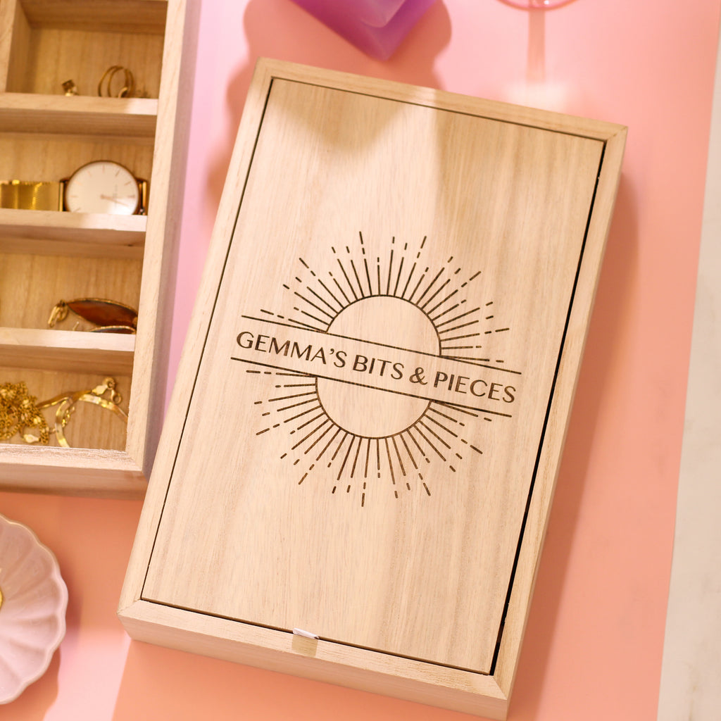 Personalised Sun Wooden Jewellery Case With Mirror