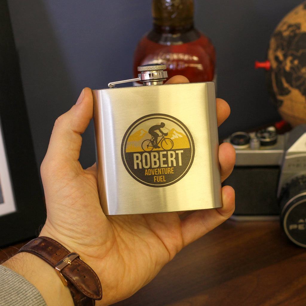 Personalised Road Bike Tin Hip Flask With Matching Tin