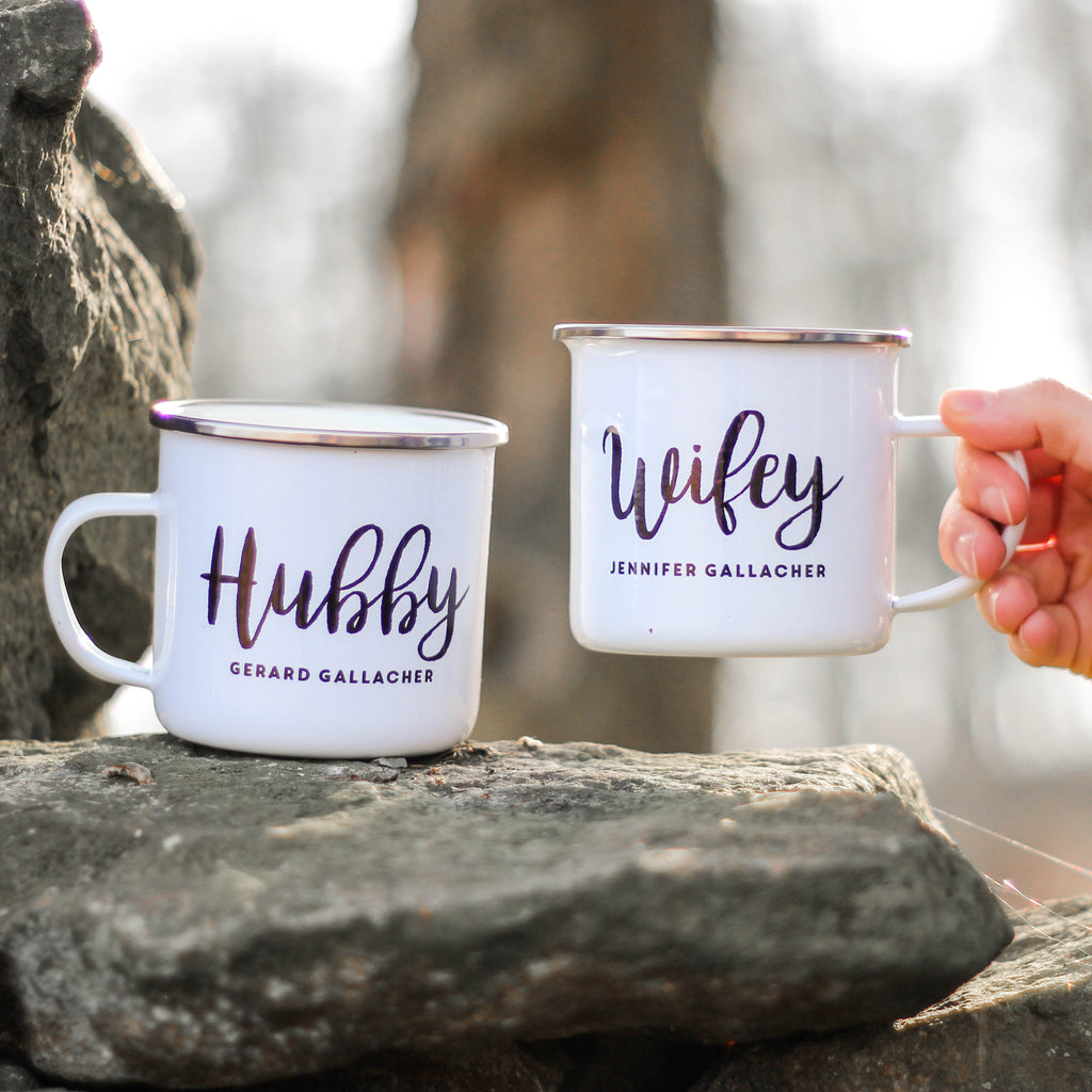 Personalised Hubby And Wifey Enamel Mug