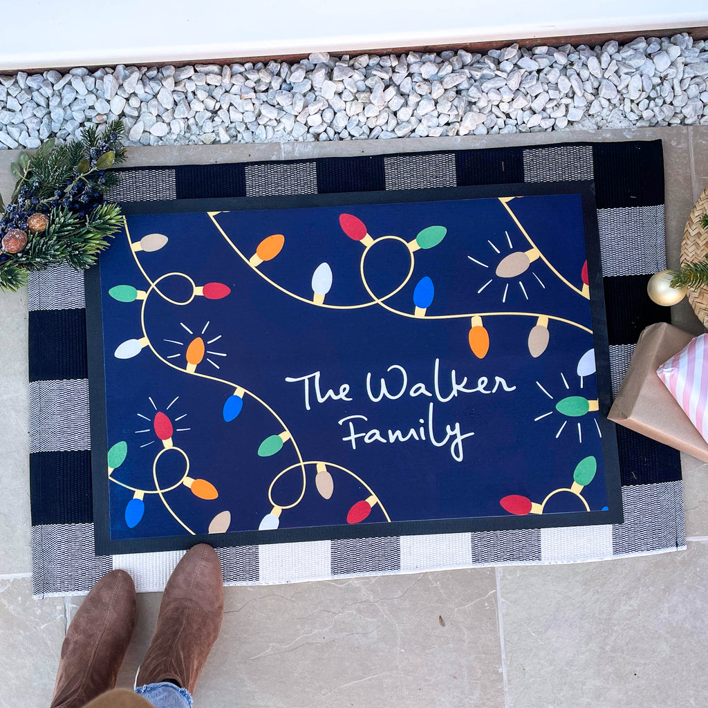 Personalised Navy Christmas Lights Family Doormat
