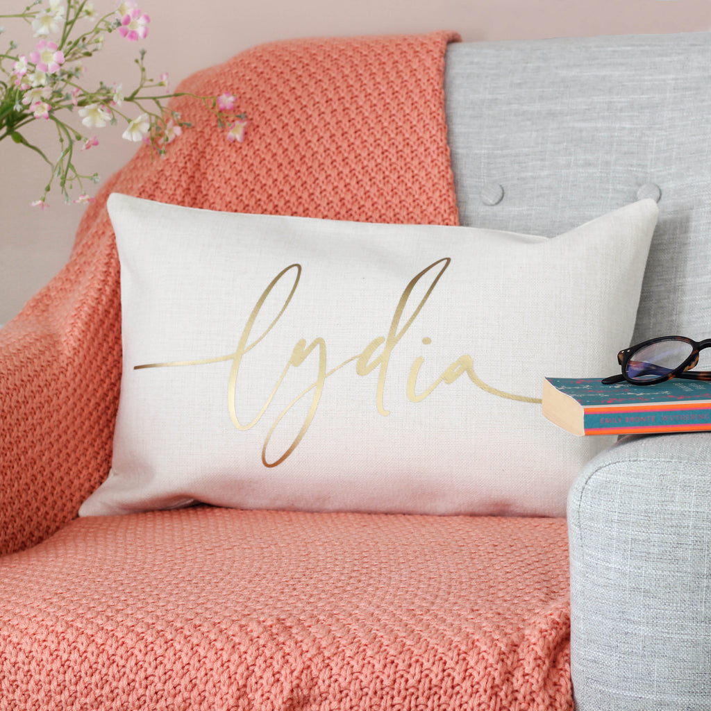 Personalised Script Font Gold Foiled Cushion