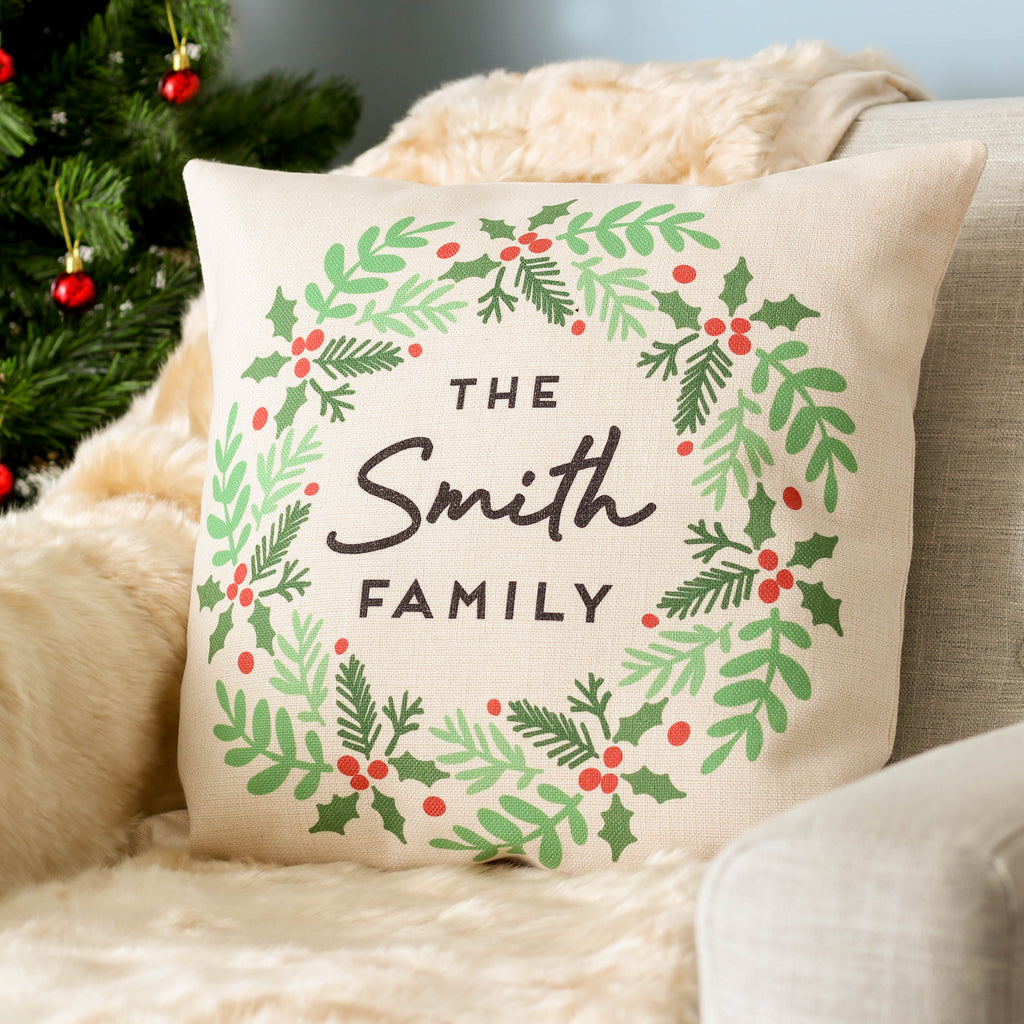 Personalised Christmas Family Wreath Decoration Cushion