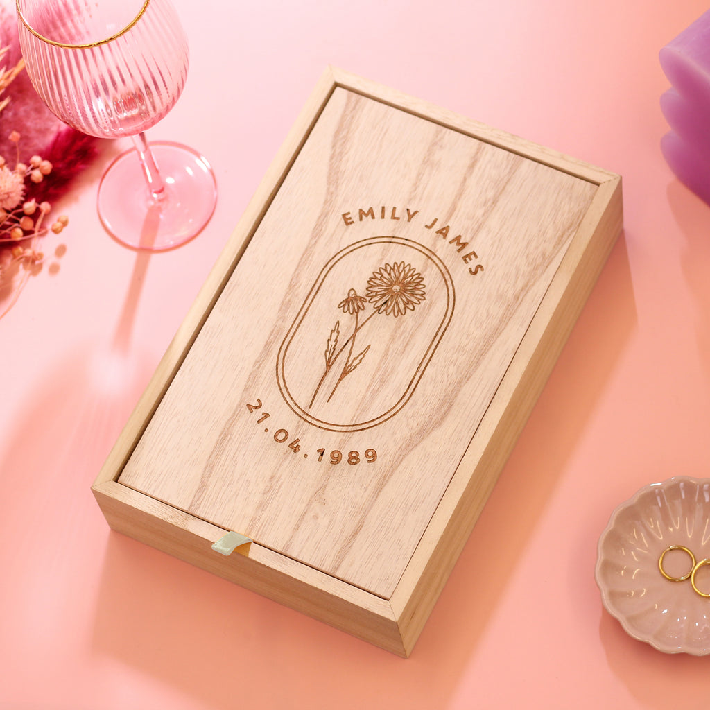 Personalised Birth Flower Wooden Mirror Jewellery Box